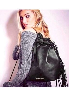 Victorias Secret Black Fringe Backpack Faux Leather